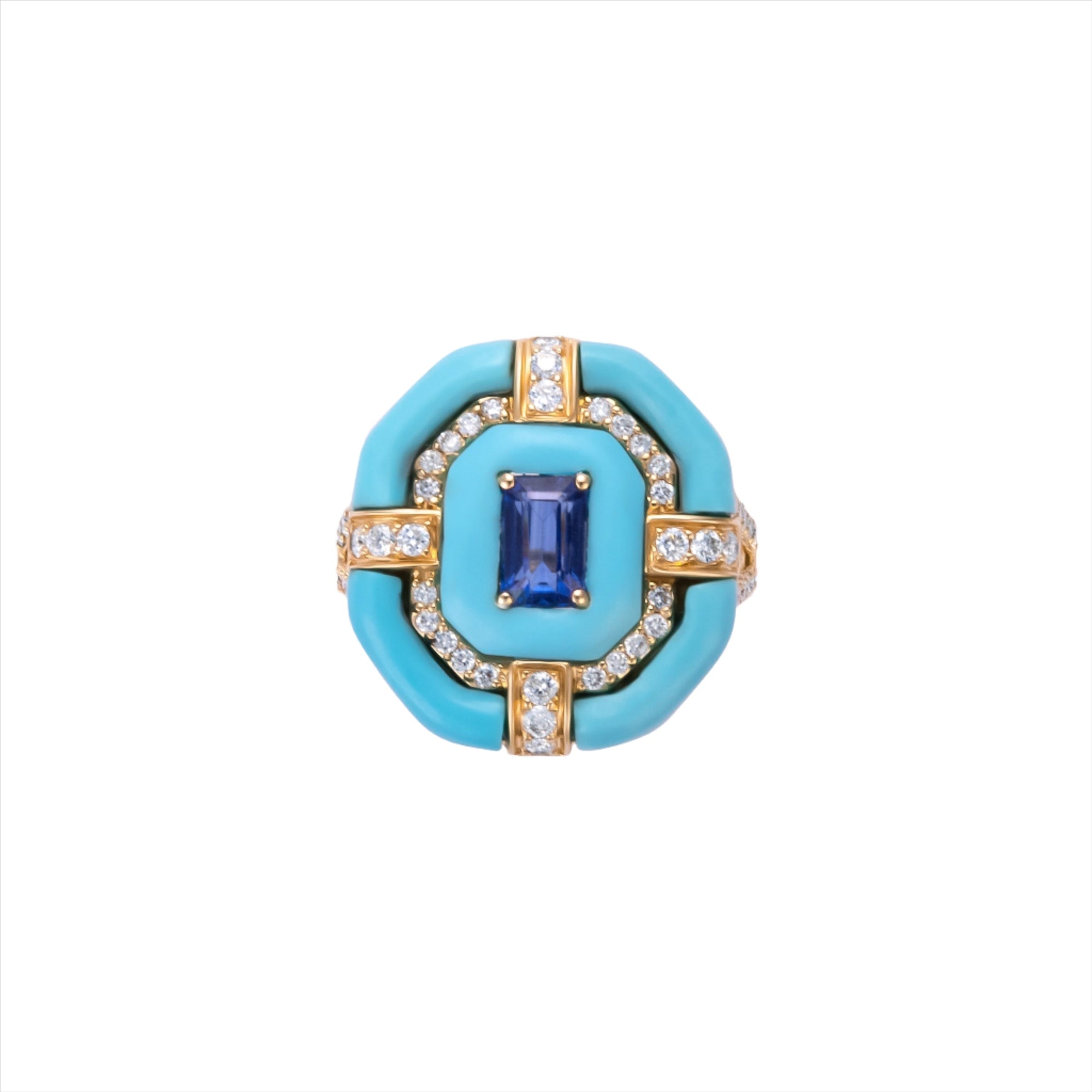 Bold 14K yellow gold cocktail ring featuring 9ct of hand-carved turquoise, a 0.75ct elongated emerald-cut sapphire, and 0.6ct of G-H VS diamonds in a striking Art Deco design.