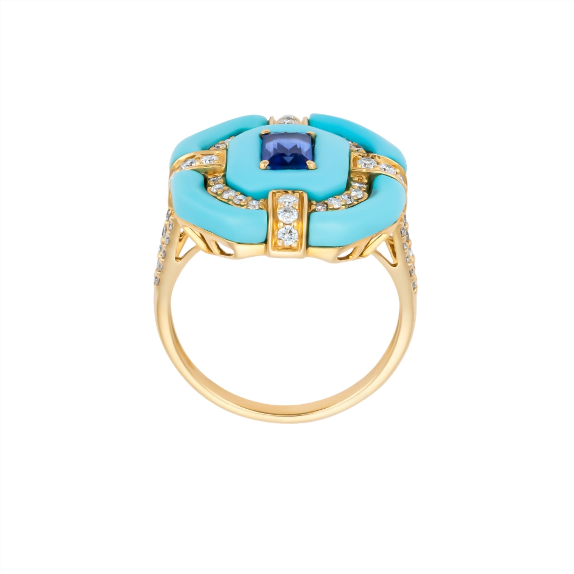 Bold 14K yellow gold cocktail ring featuring 9ct of hand-carved turquoise, a 0.75ct elongated emerald-cut sapphire, and 0.6ct of G-H VS diamonds in a striking Art Deco design.