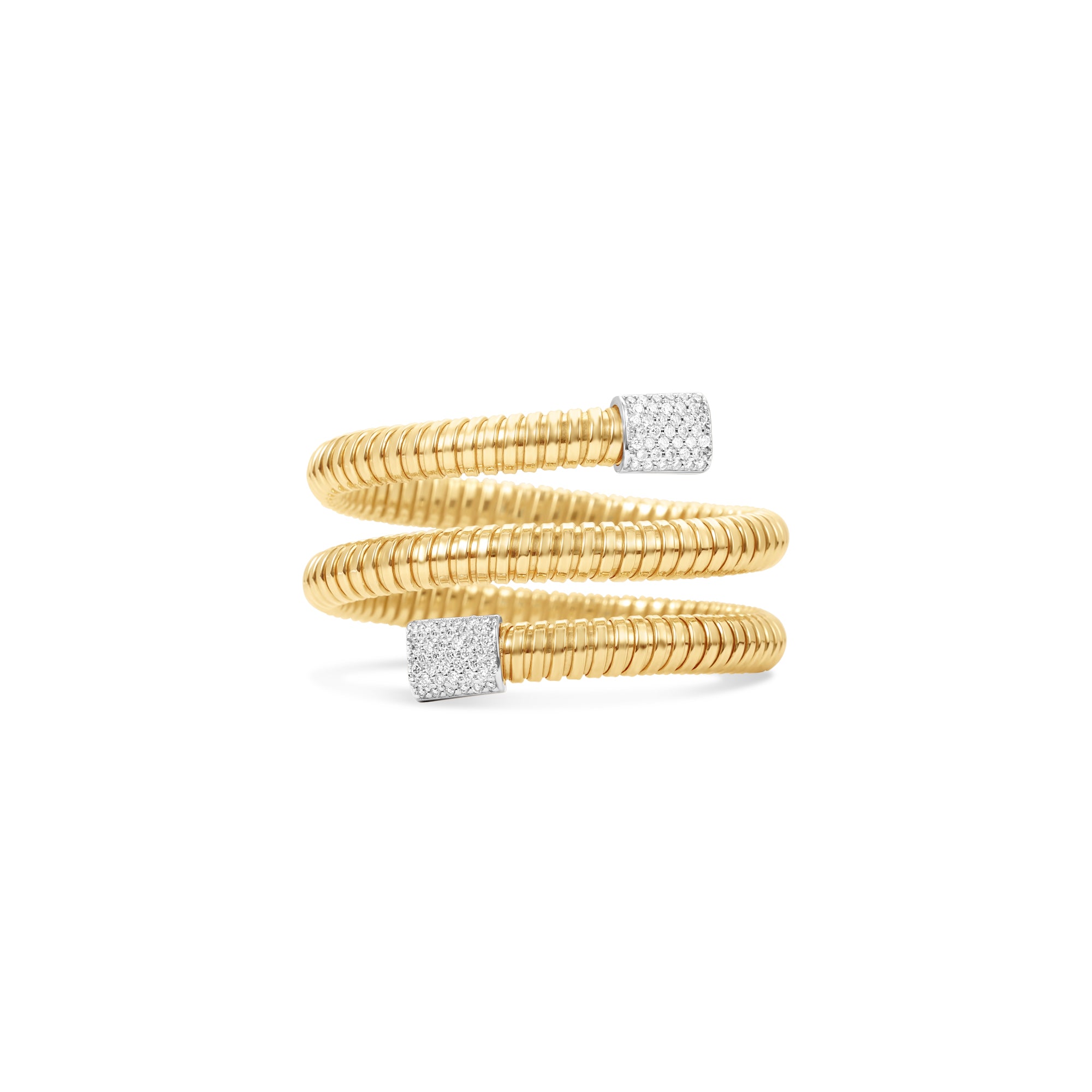 This gold cuff bracelet is a masterpiece of contemporary design and luxurious craftsmanship, featuring a captivating spiral motif with dual-tone 14K gold and shimmering diamond accents, creating a mesmerizing statement piece. Front angle