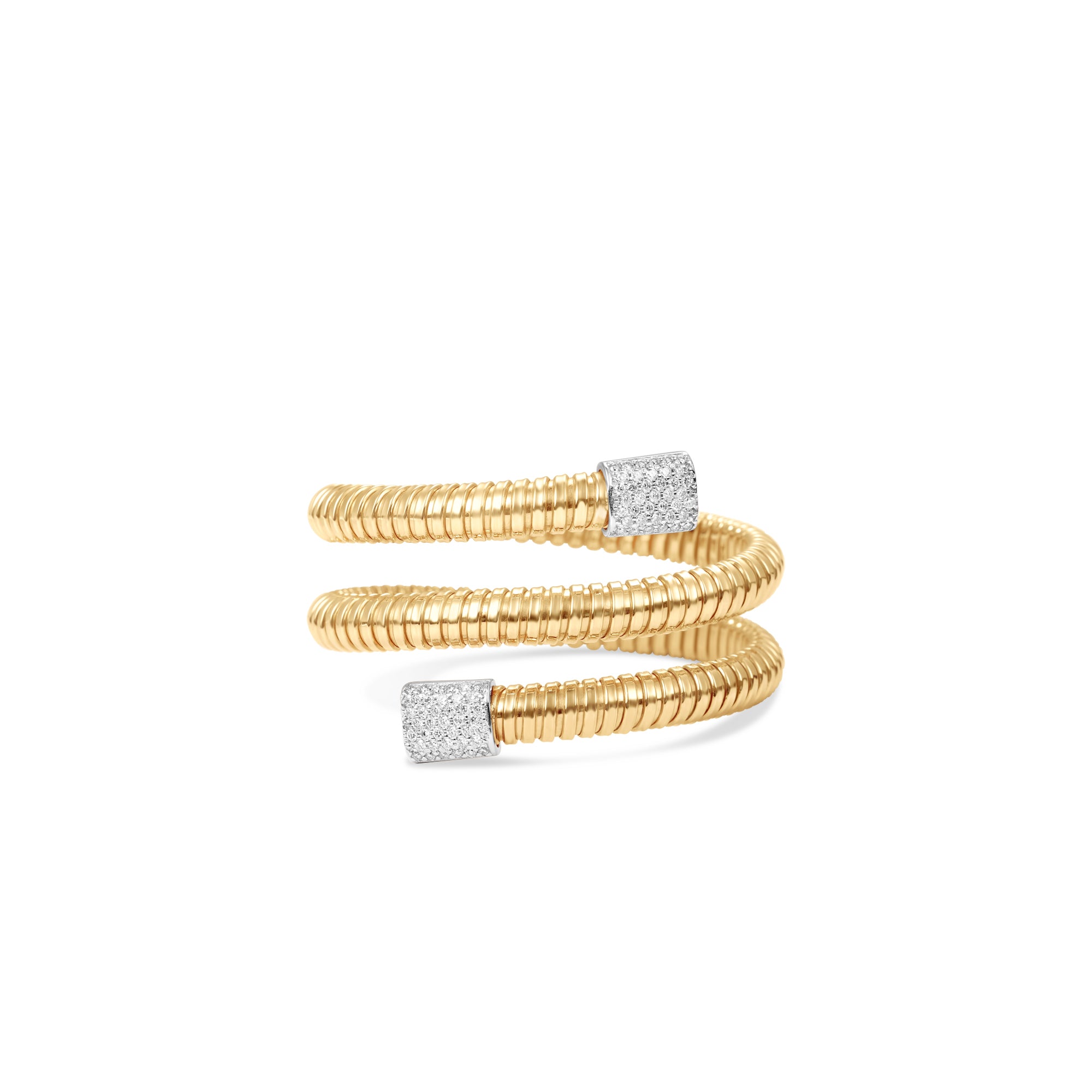 This gold cuff bracelet is a masterpiece of contemporary design and luxurious craftsmanship, featuring a captivating spiral motif with dual-tone 14K gold and shimmering diamond accents, creating a mesmerizing statement piece.