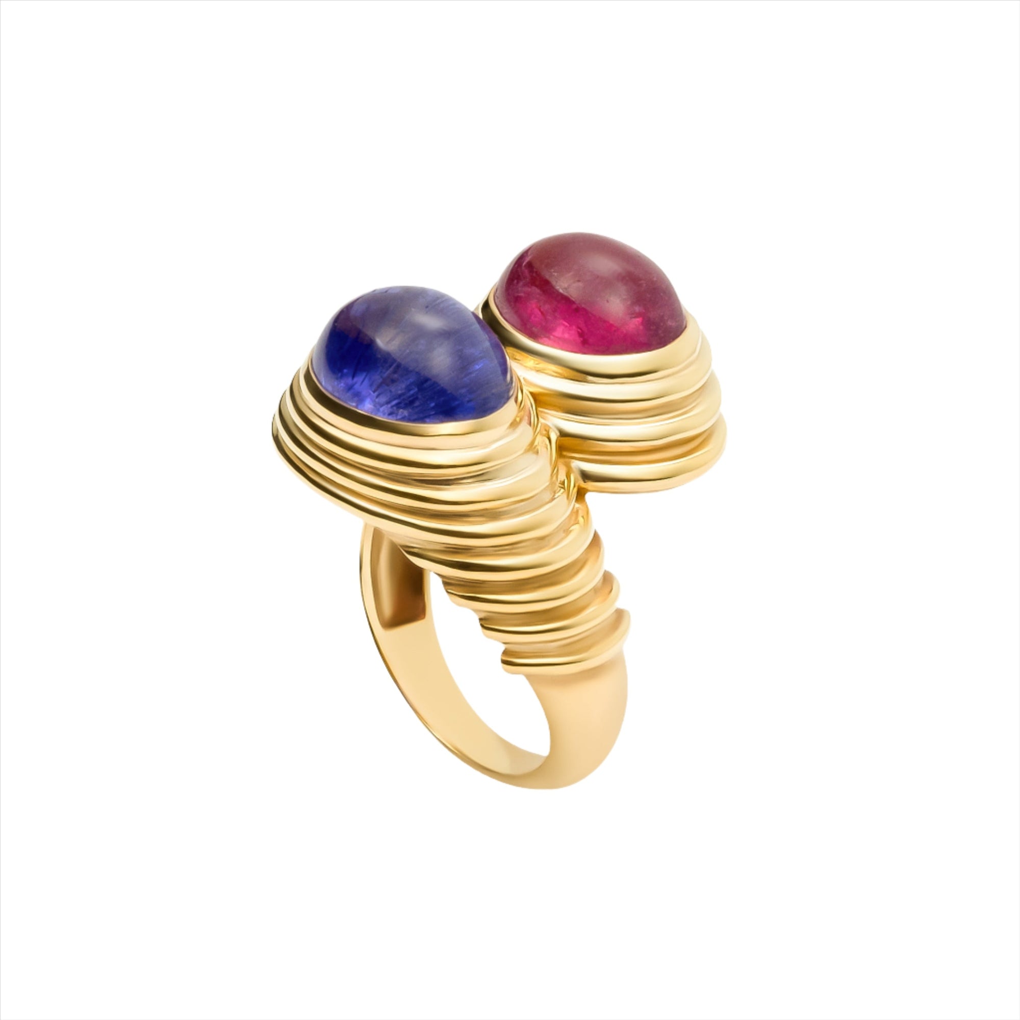 Chic 14K yellow gold ribbed bypass ring featuring a bold pairing of purple amethyst and hot pink tourmaline, with sculptural proportions—27.5mm height, 22mm length, and total weight of 12.90g.