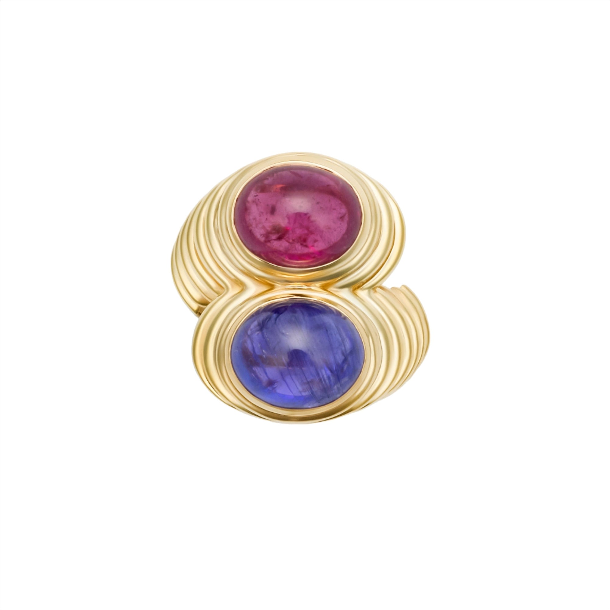 Chic 14K yellow gold ribbed bypass ring featuring a bold pairing of purple amethyst and hot pink tourmaline, with sculptural proportions—27.5mm height, 22mm length, and total weight of 12.90g.