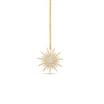 Elegant celestial drop necklace crafted in 14K two-tone gold, featuring radiant diamonds that shimmer with every angle, blending modern style with timeless sophistication. Close up of Sun