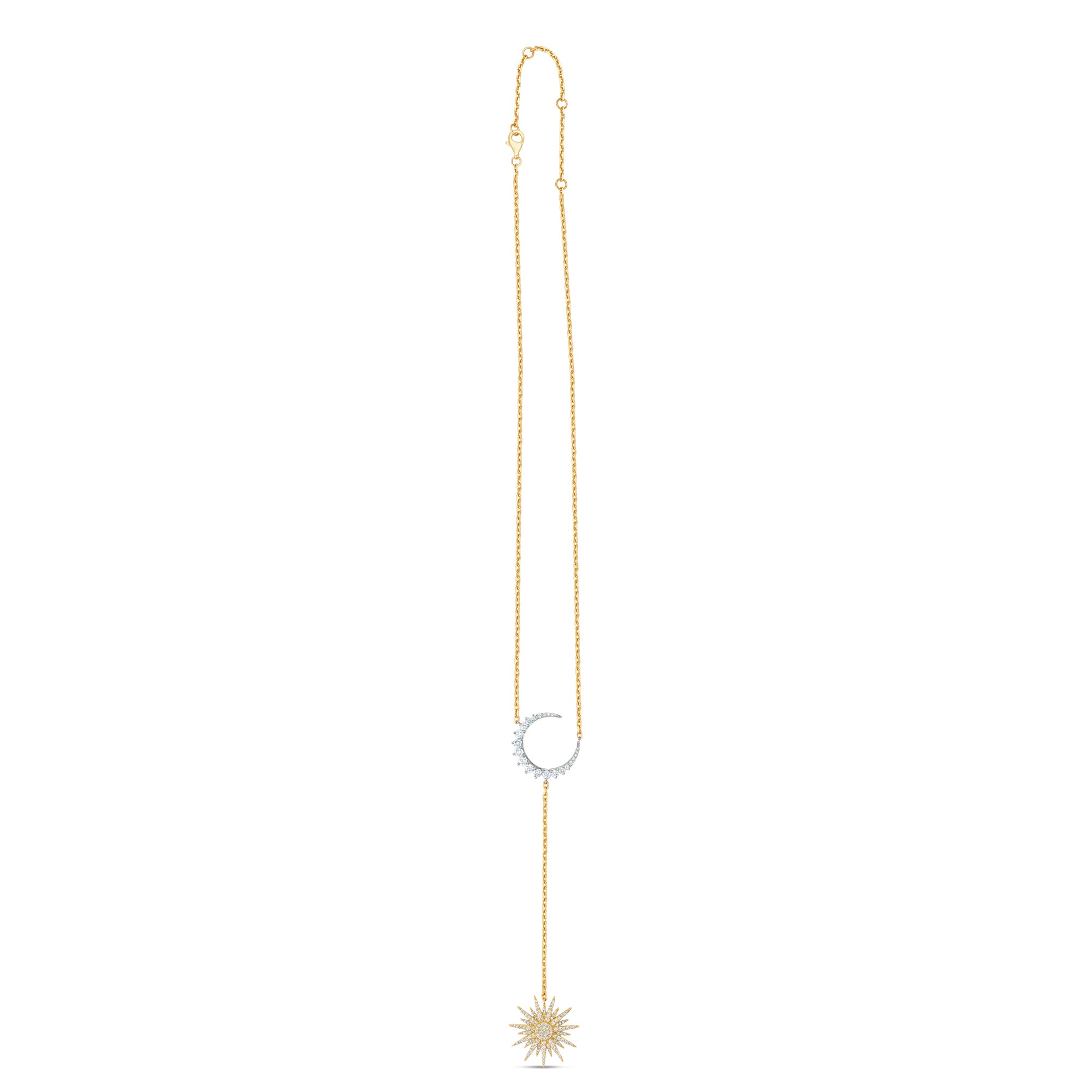 Elegant celestial drop necklace crafted in 14K two-tone gold, featuring radiant diamonds that shimmer with every angle, blending modern style with timeless sophistication. Full shot / front