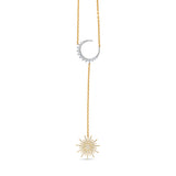 Elegant celestial drop necklace crafted in 14K two-tone gold, featuring radiant diamonds that shimmer with every angle, blending modern style with timeless sophistication. Close up of moon and sun.