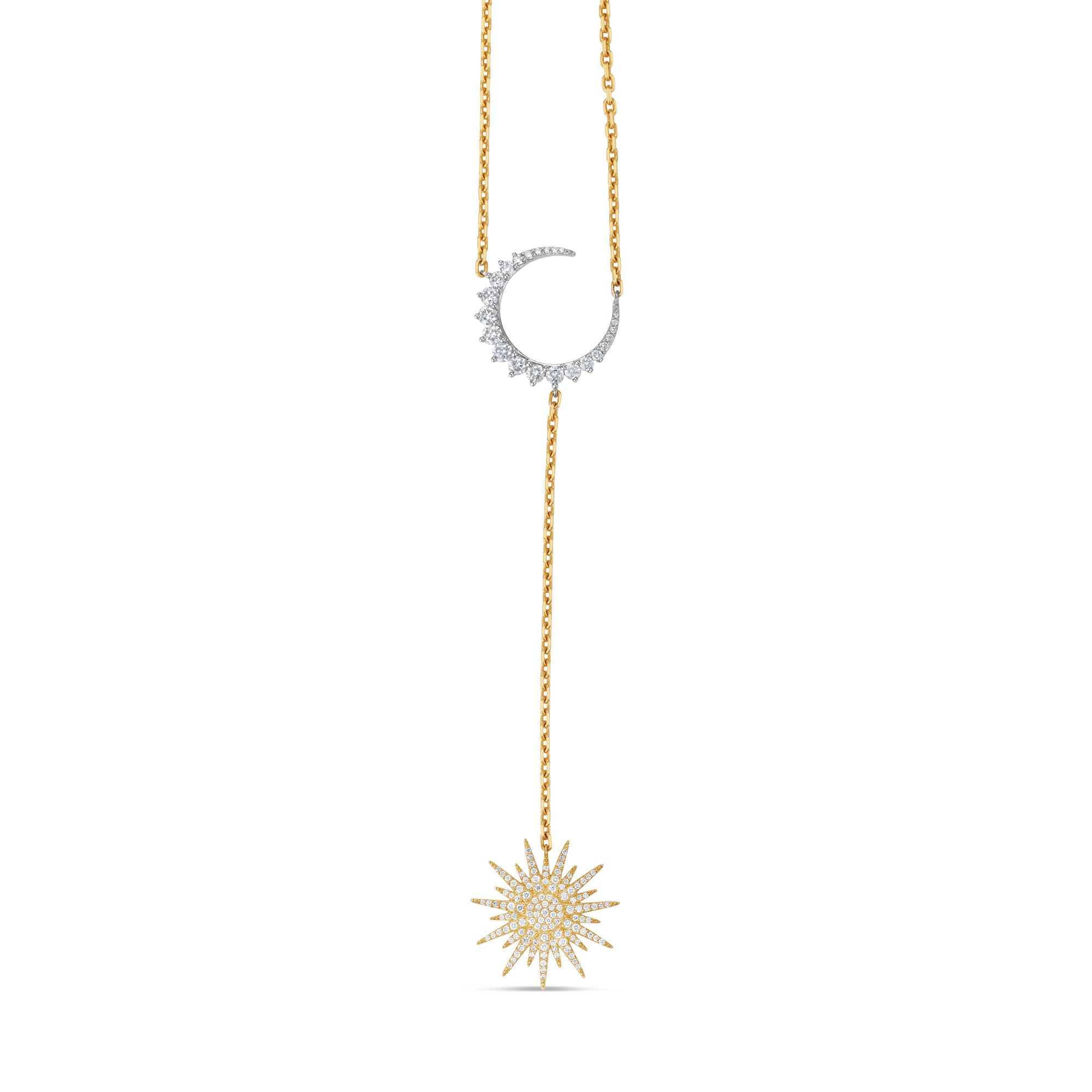 Elegant celestial drop necklace crafted in 14K two-tone gold, featuring radiant diamonds that shimmer with every angle, blending modern style with timeless sophistication. Close up of moon and sun.