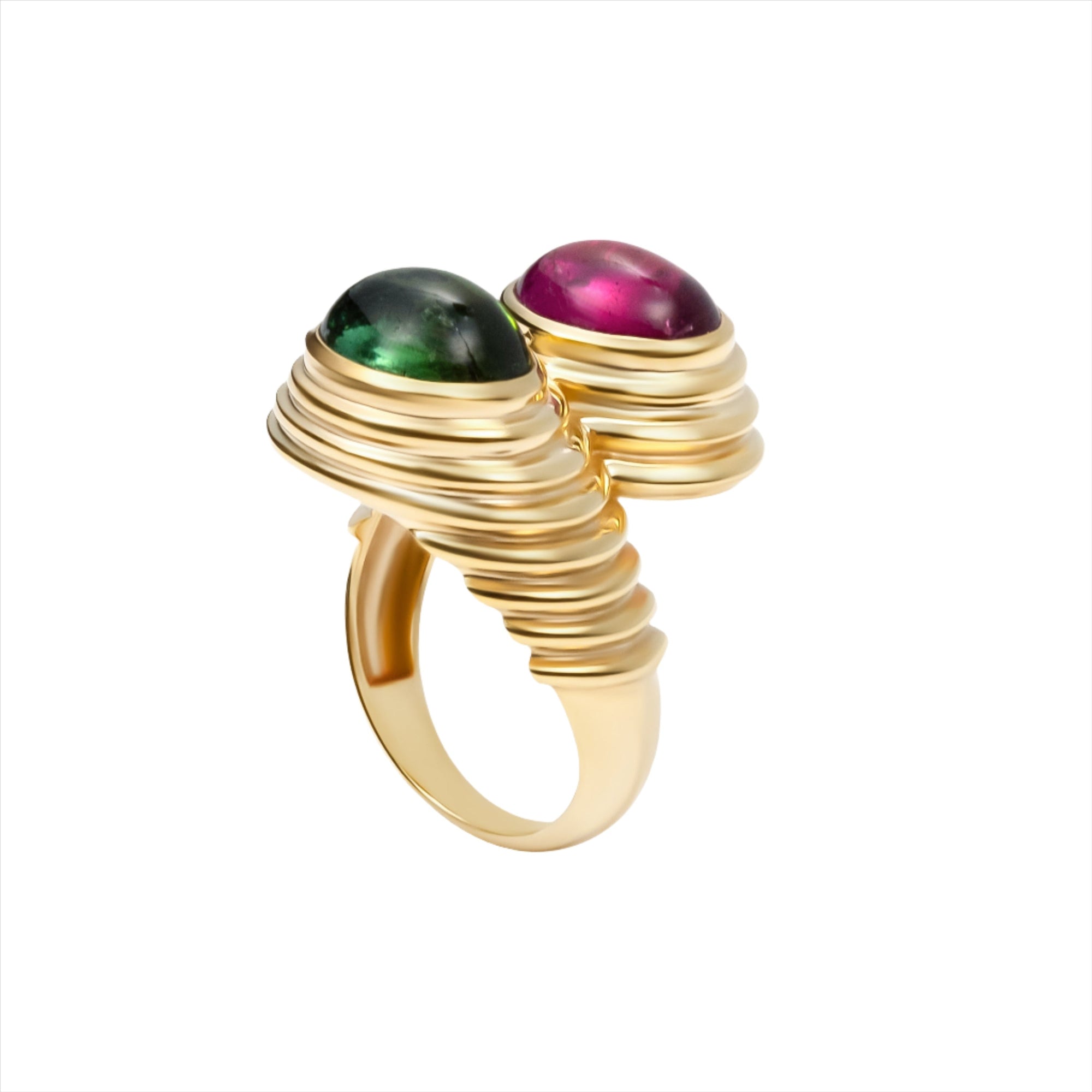 Bold 14K yellow gold bypass ring featuring vibrant 2.75ct pink and green cabochon-cut tourmalines, set in a ribbed design with sculptural elevation—measuring 27.5mm high and weighing 12.05g.