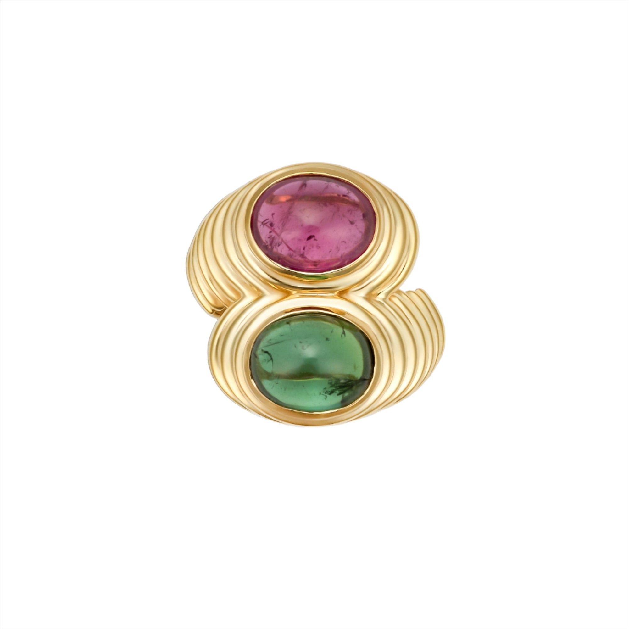 Bold 14K yellow gold bypass ring featuring vibrant 2.75ct pink and green cabochon-cut tourmalines, set in a ribbed design with sculptural elevation—measuring 27.5mm high and weighing 12.05g.