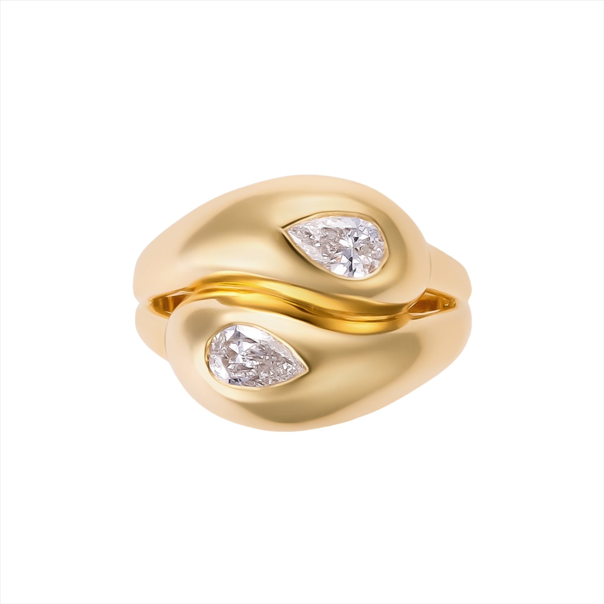 Elegant 14K yellow gold knot ring featuring two pear-shaped diamonds totaling 0.623ct (G-H VS), with a graceful, sculptural silhouette measuring 5.9mm by 4.2mm and weighing 5.2g.