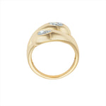 Elegant 14K yellow gold knot ring featuring two pear-shaped diamonds totaling 0.623ct (G-H VS), with a graceful, sculptural silhouette measuring 5.9mm by 4.2mm and weighing 5.2g.