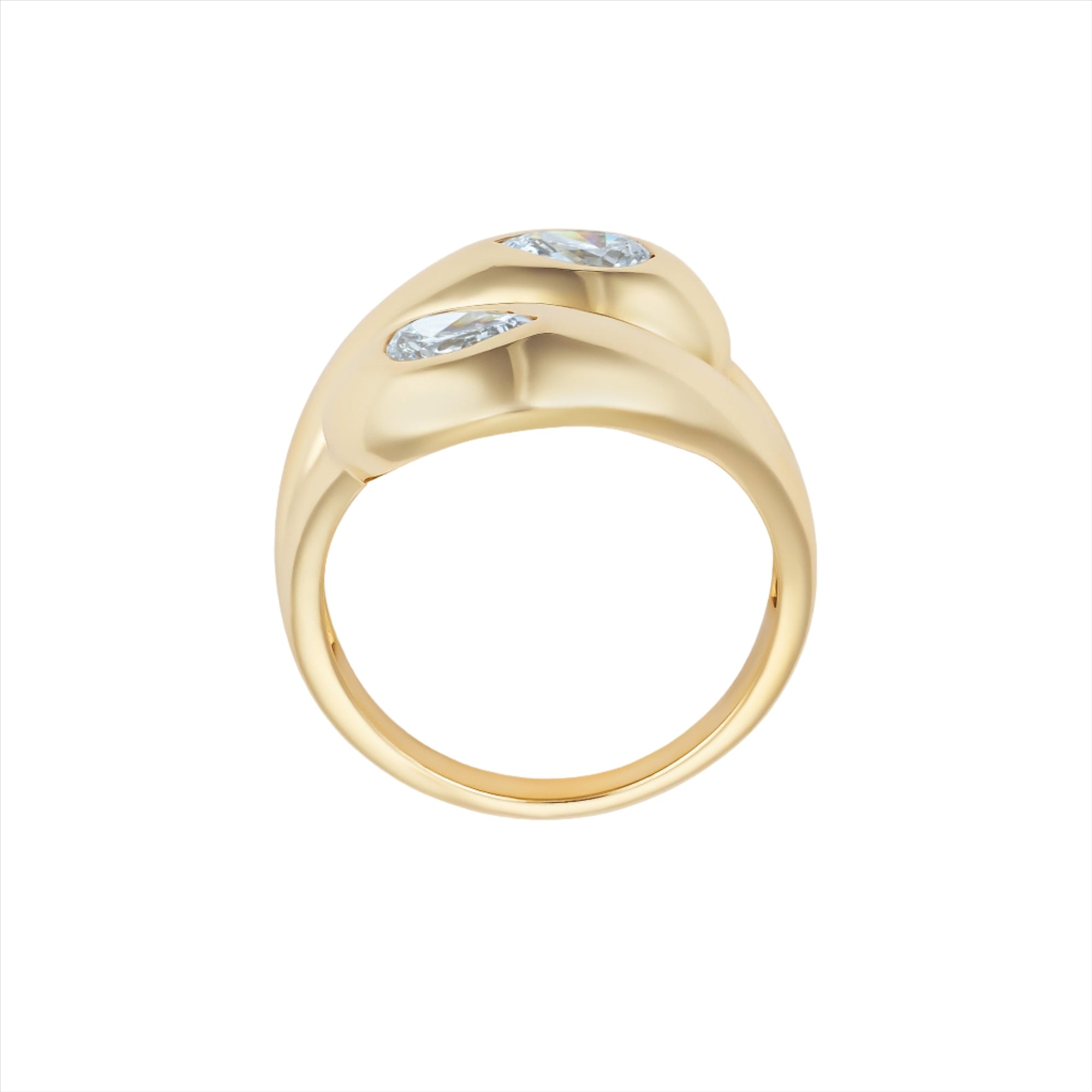 Elegant 14K yellow gold knot ring featuring two pear-shaped diamonds totaling 0.623ct (G-H VS), with a graceful, sculptural silhouette measuring 5.9mm by 4.2mm and weighing 5.2g.