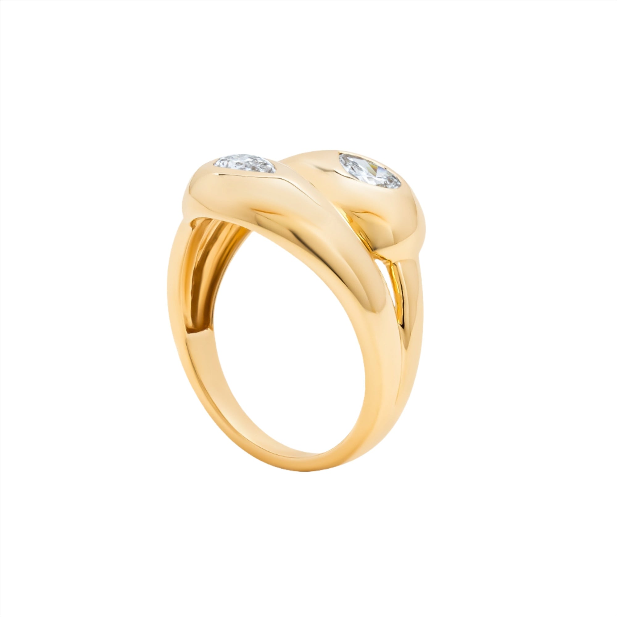 Elegant 14K yellow gold knot ring featuring two pear-shaped diamonds totaling 0.623ct (G-H VS), with a graceful, sculptural silhouette measuring 5.9mm by 4.2mm and weighing 5.2g.