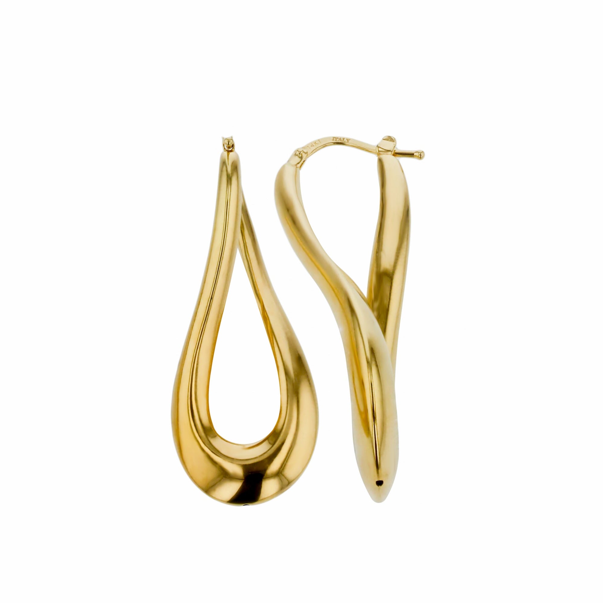 Playful and elegant 14K yellow gold twisted oval hoop earrings featuring a unique design and lightweight feel, perfect for everyday wear and effortless style. Close up side and front angle. 
