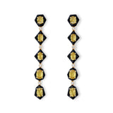 Stunning 14K yellow gold drop earrings featuring vibrant yellow sapphires, shimmering diamonds, and sleek black enamel accents, radiating bold sophistication and refined elegance."