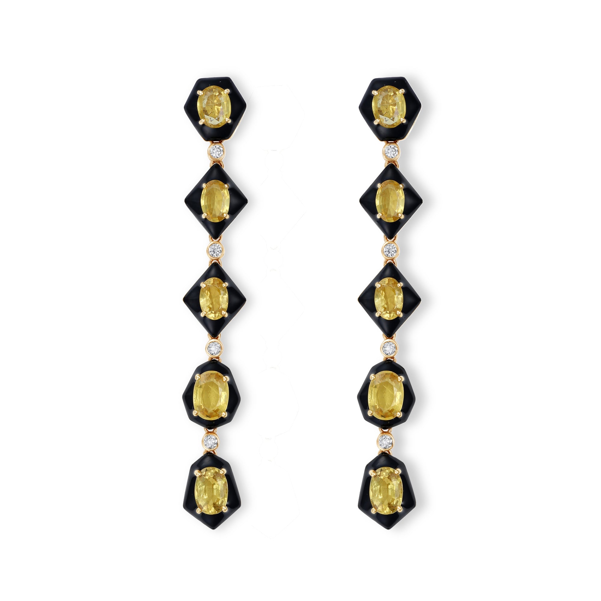 Stunning 14K yellow gold drop earrings featuring vibrant yellow tourmalines, shimmering diamonds, and sleek black enamel accents, radiating bold sophistication and refined elegance.