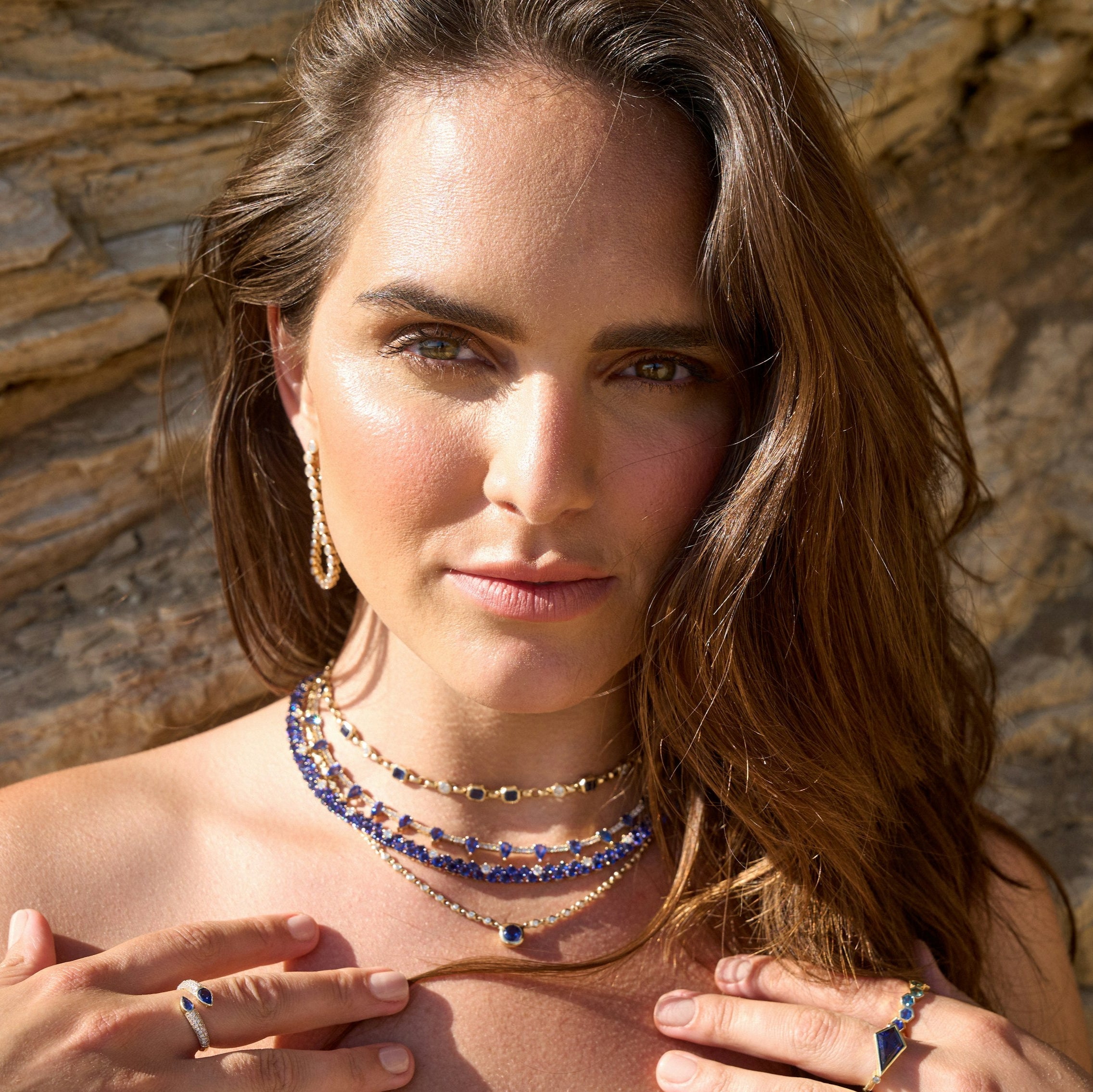 Convertible Round Cut Bezel Set Diamond Loop/Drop Earrings in Right ear Stacked diamond, gold and gemstone necklaces with rings