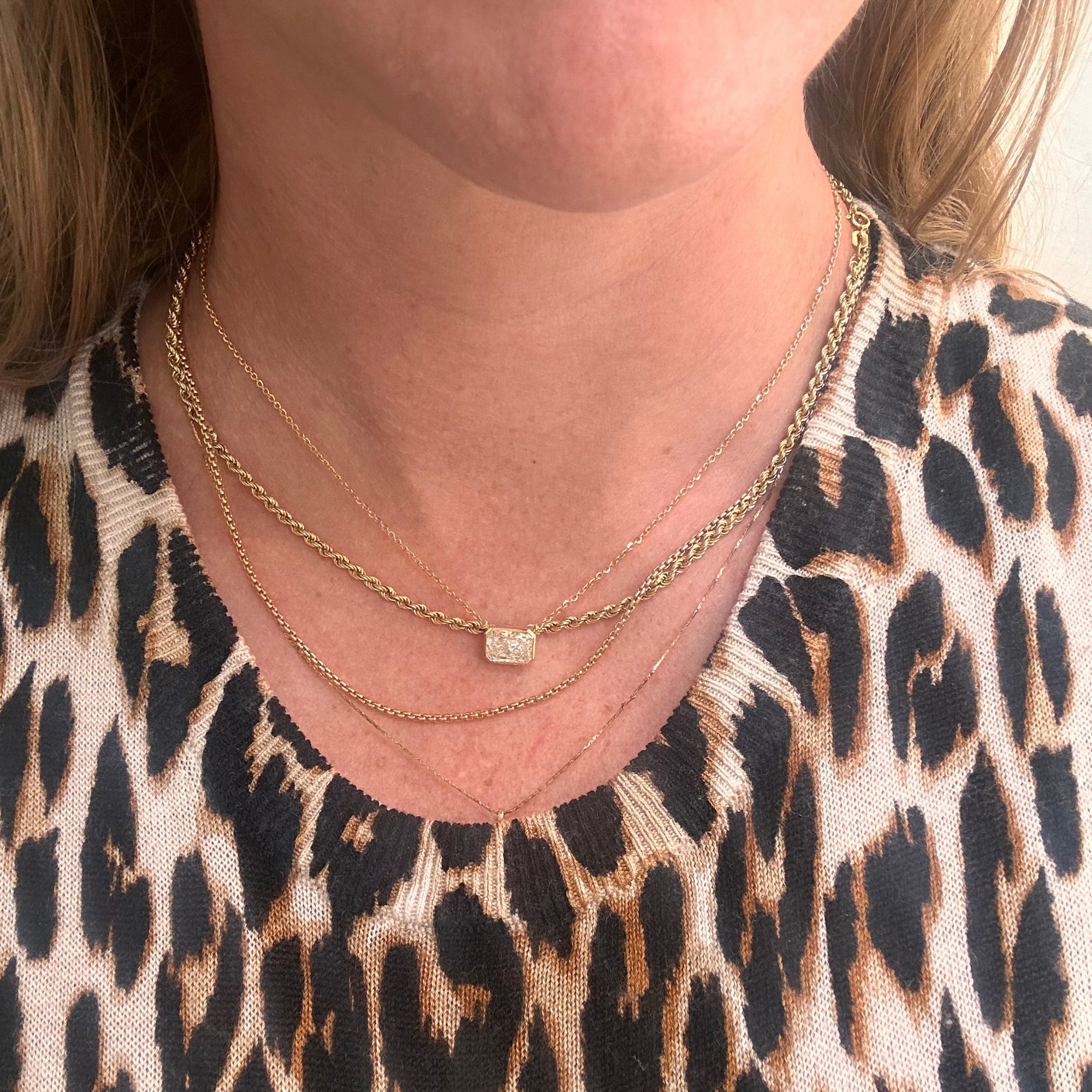 Lab diamond emerald cut bezel set pendant necklace by Elyzian Fine Jewelry