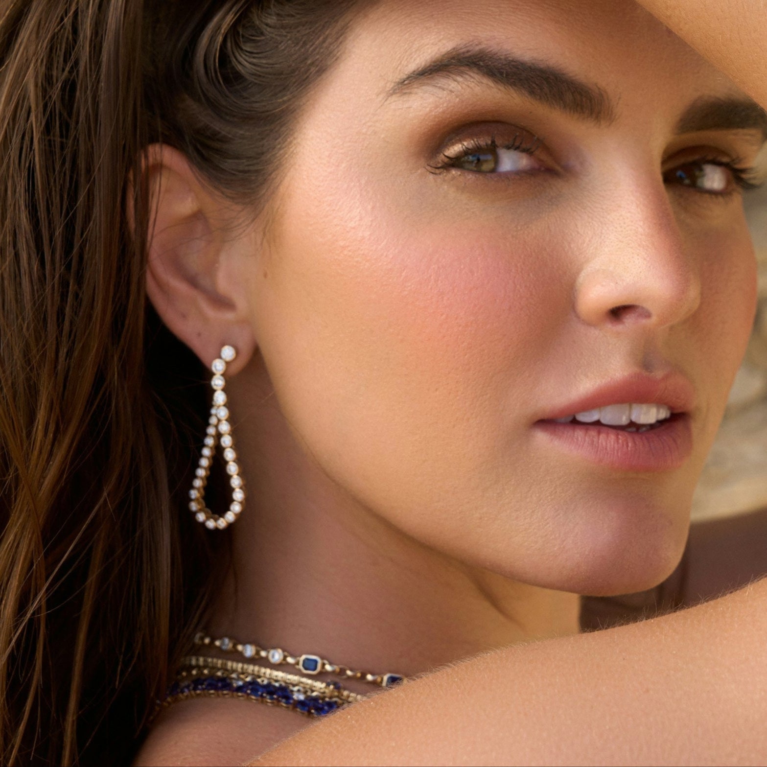Convertible Round Cut Bezel Set Diamond Loop/Drop Earrings in Right ear