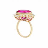 Side view: Elyzian Anemone Cocktail Ring in pink topaz, diamond and yellow gold. Delicate basket setting with bezel set diamonds.