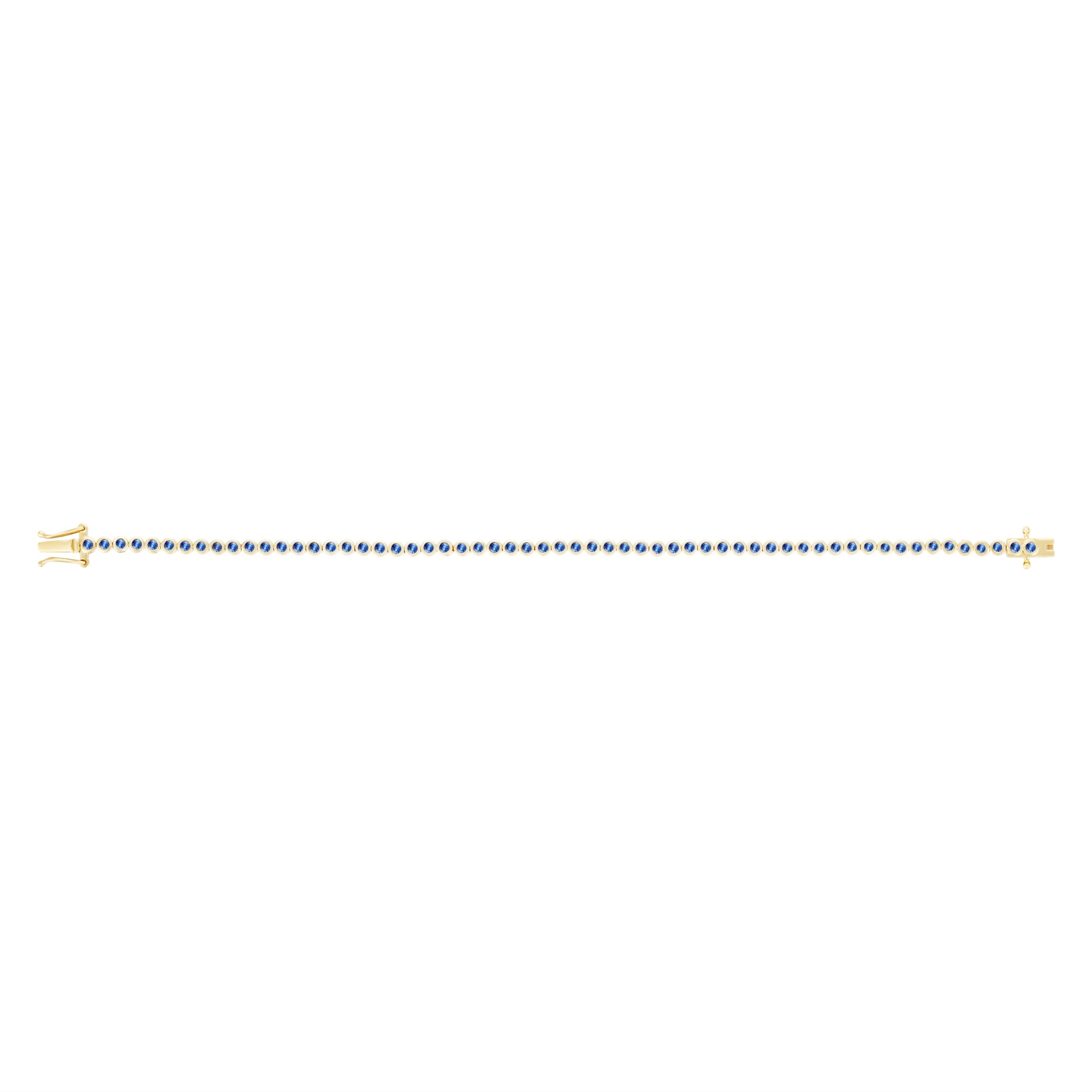 Elegant 14K yellow gold tennis bracelet featuring 1.46ct of vibrant round bezel-set blue sapphires. Lightweight at 6.13g and 6.5 inches in length, it's a timeless and colorful classic.