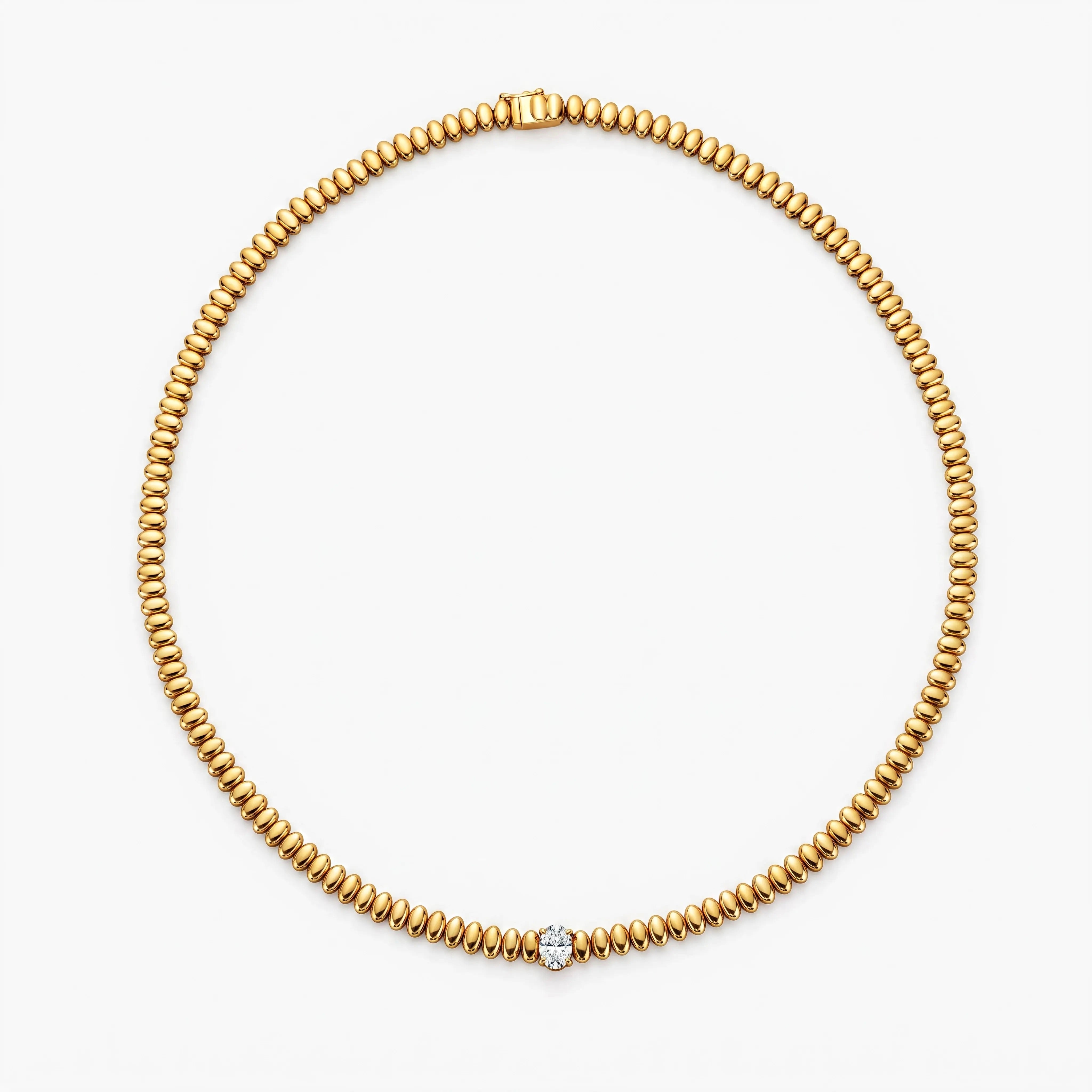 Gold oval Paillette and Single Diamond Necklace. 