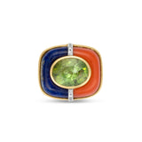 Hand-Carved Lapis, Coral & Peridot Ring in 18K Gold