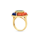 Hand-Carved Lapis, Coral & Peridot Ring in 18K Gold
