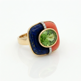 Hand-Carved Lapis, Coral & Peridot Ring in 18K Gold
