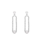 Gracefully designed drop earrings in 18K white gold, featuring dazzling diamonds and luminous pearls, offering refined craftsmanship and timeless allure for special occasions. Front View. 