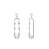 Gracefully designed drop earrings in 18K white gold, featuring dazzling diamonds and luminous pearls, offering refined craftsmanship and timeless allure for special occasions. Front View. 