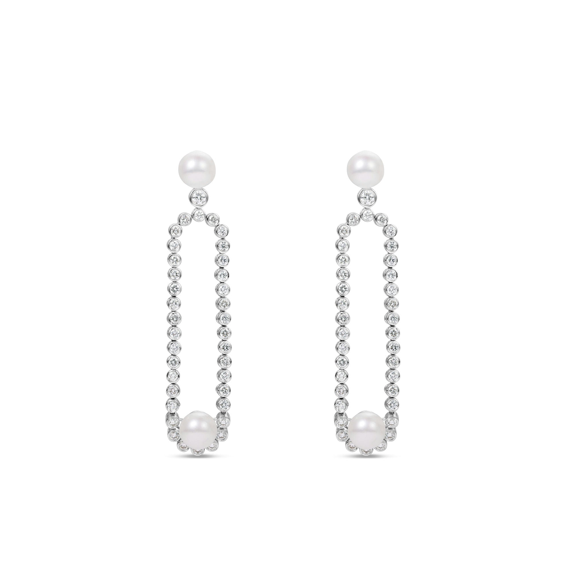 Gracefully designed drop earrings in 18K white gold, featuring dazzling diamonds and luminous pearls, offering refined craftsmanship and timeless allure for special occasions. Front View. 