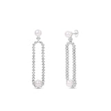 Gracefully designed drop earrings in 18K white gold, featuring dazzling diamonds and luminous pearls, offering refined craftsmanship and timeless allure for special occasions. Front and Angled. 