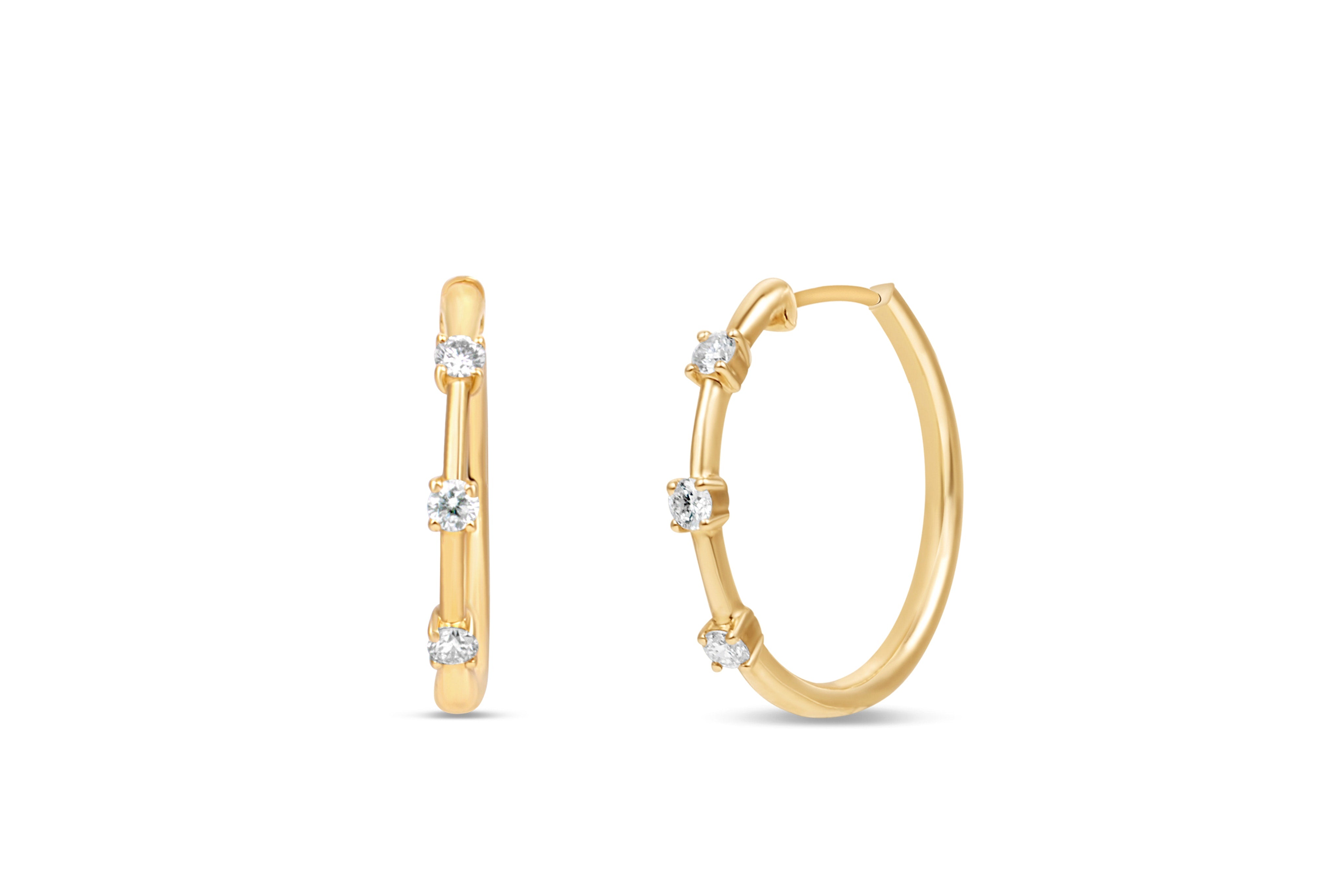 Diamond Studded Prong Set Hoops in 14k Yellow Gold