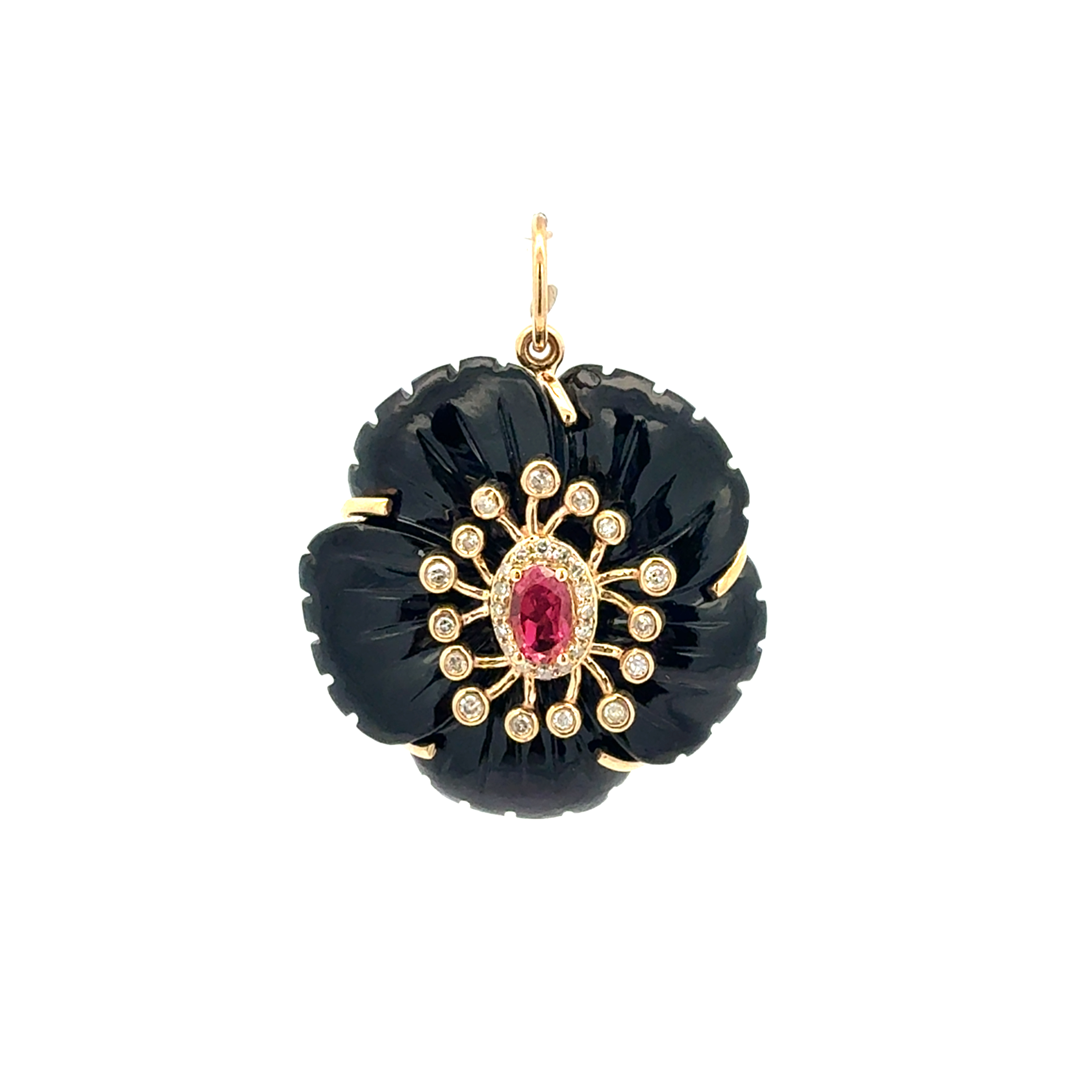Black onyx flower charm with hot pink tourmaline