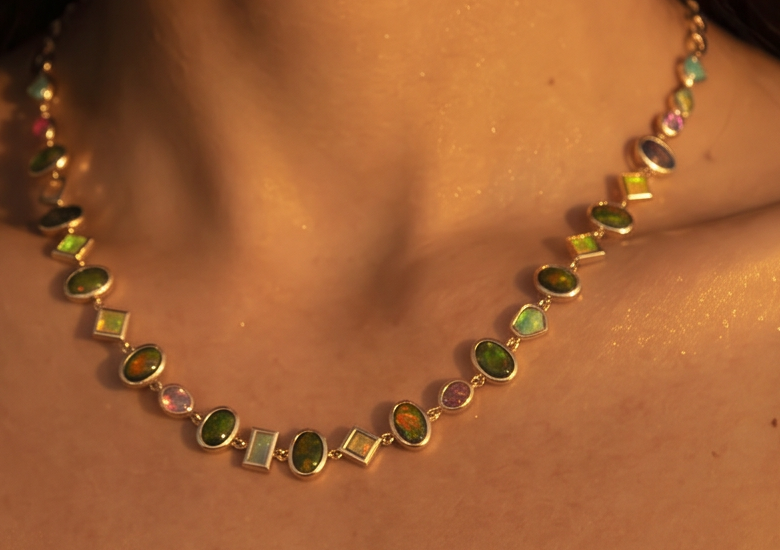 Mosaic Opal Tennis Necklace in 14K yellow gold, detail