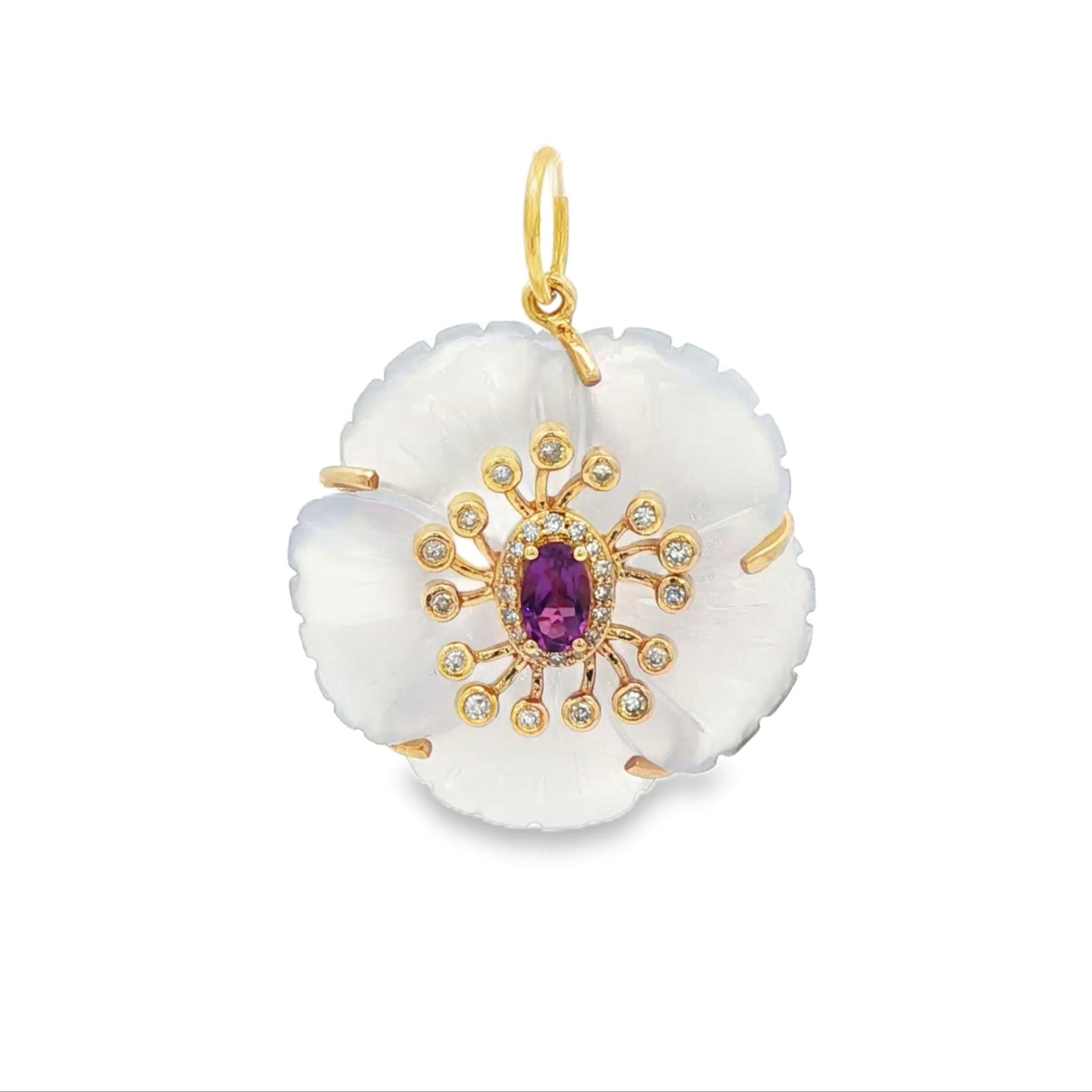 Floral pendant with gold and gemstone details on a white background