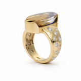Oval Rutilated Quartz & Lapis Lazuli Diamond Ring in 18K Yellow Gold