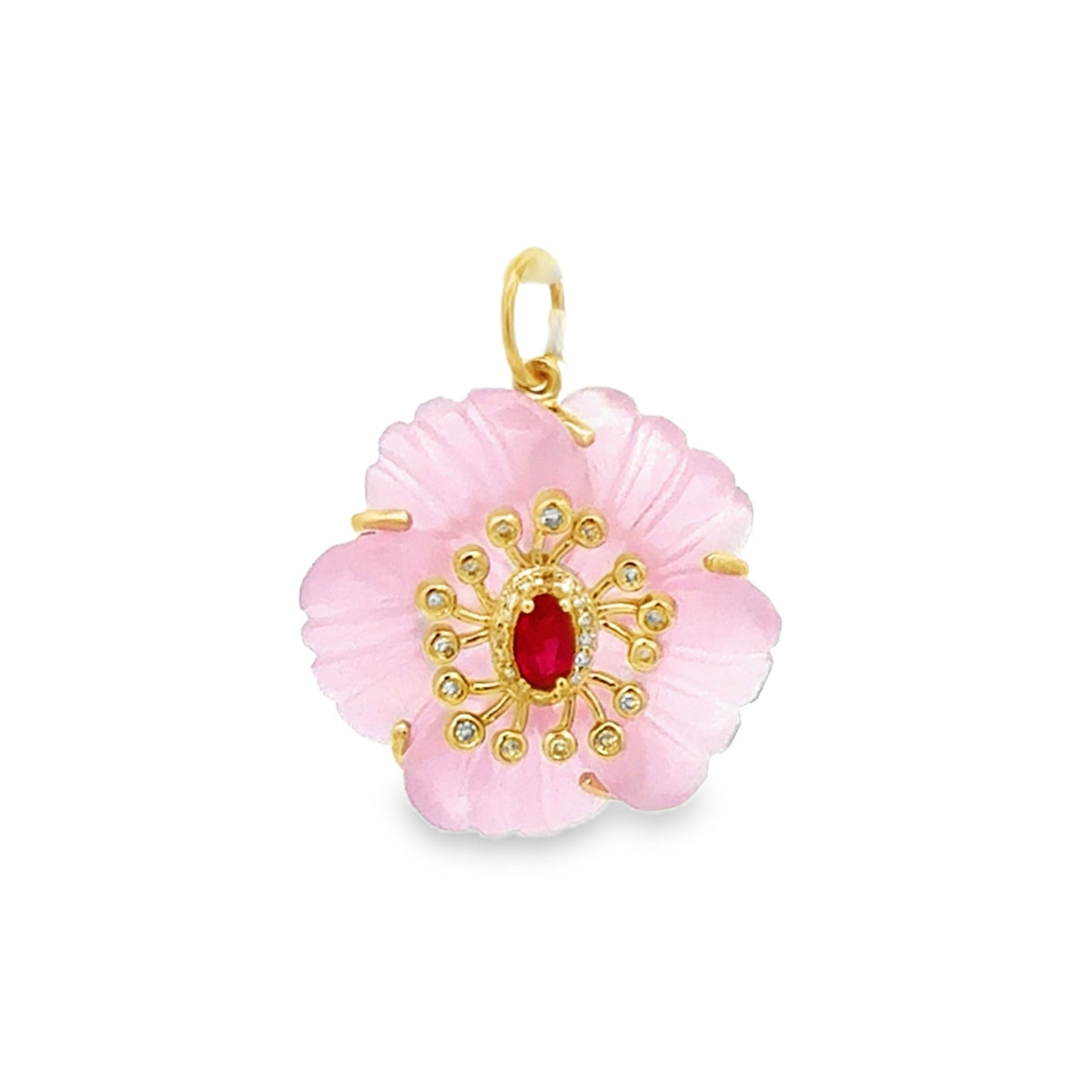 Pink floral pendant with gold accents and a red gemstone on a white background