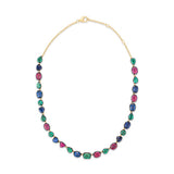 Victorian Button-Back Rubellite, Emerald, and Kyanite Necklace in 14k Yellow Gold and Black Rhodium