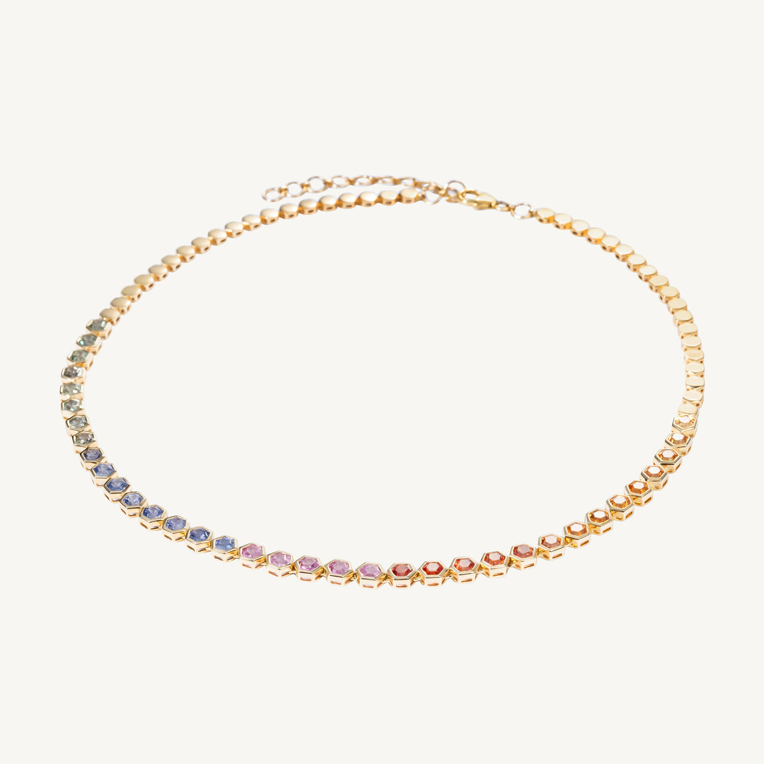 Bezel Set Hexagon Shaped Multicolored Sapphire Necklace