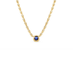 Sophisticated 14K yellow gold pendant necklace featuring a bezel-set blue sapphire centerpiece with sparkling diamonds along an adjustable mini rolo chain, offering timeless luxury and refined elegance.