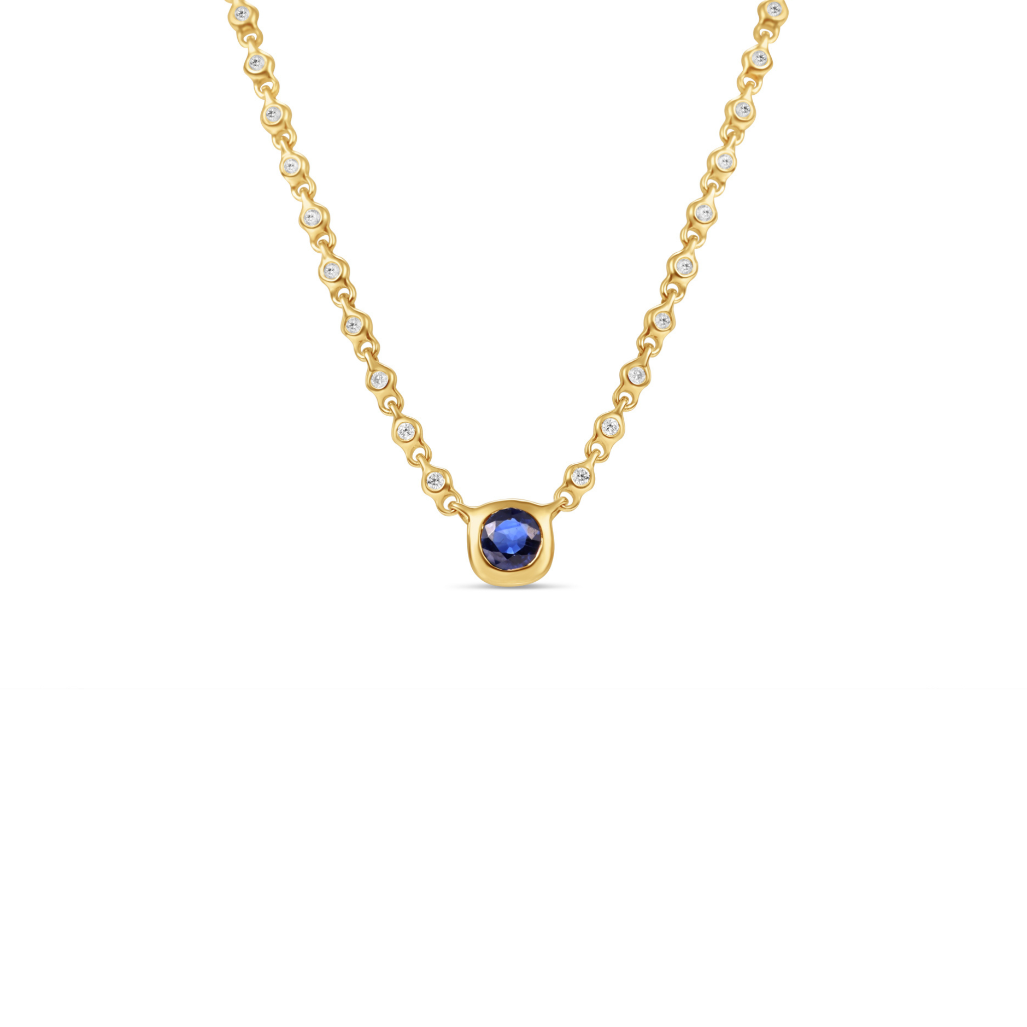 Sophisticated 14K yellow gold pendant necklace featuring a bezel-set blue sapphire centerpiece with sparkling diamonds along an adjustable mini rolo chain, offering timeless luxury and refined elegance.