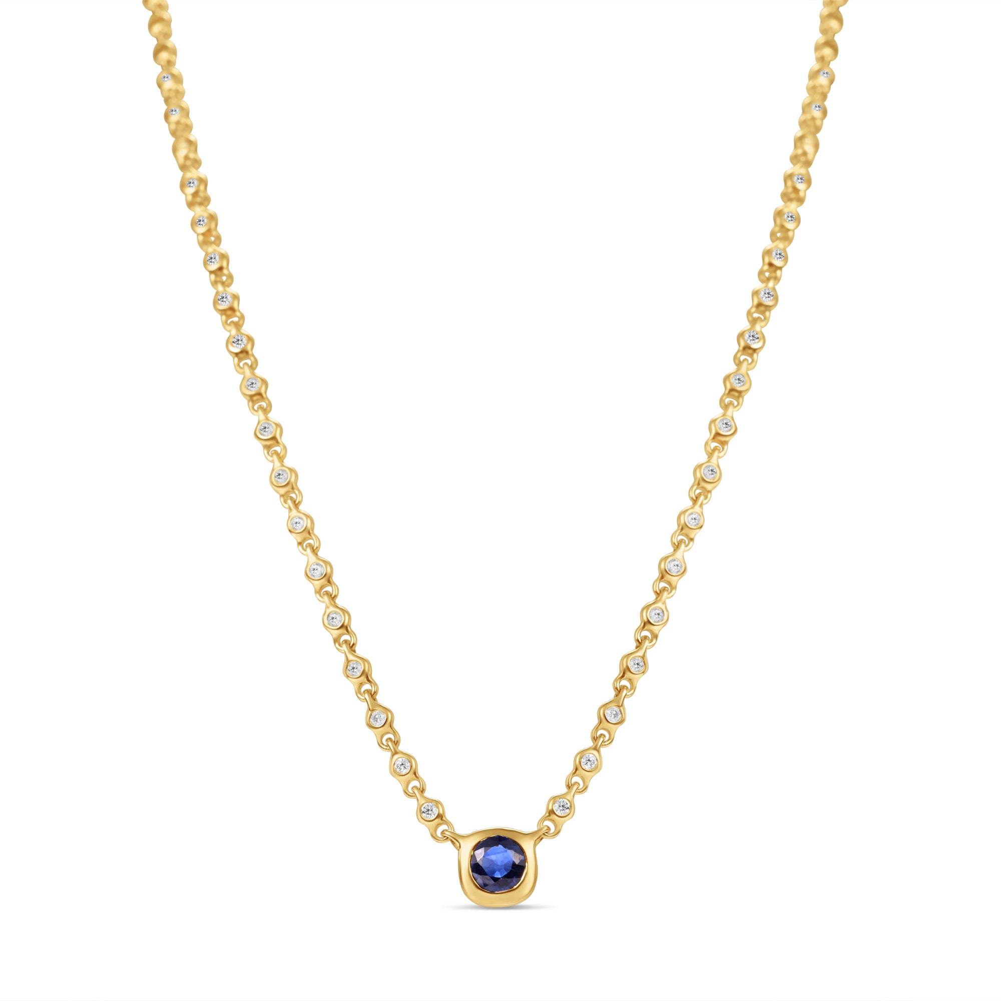 Sophisticated 14K yellow gold pendant necklace featuring a bezel-set blue sapphire centerpiece with sparkling diamonds along an adjustable mini rolo chain, offering timeless luxury and refined elegance.