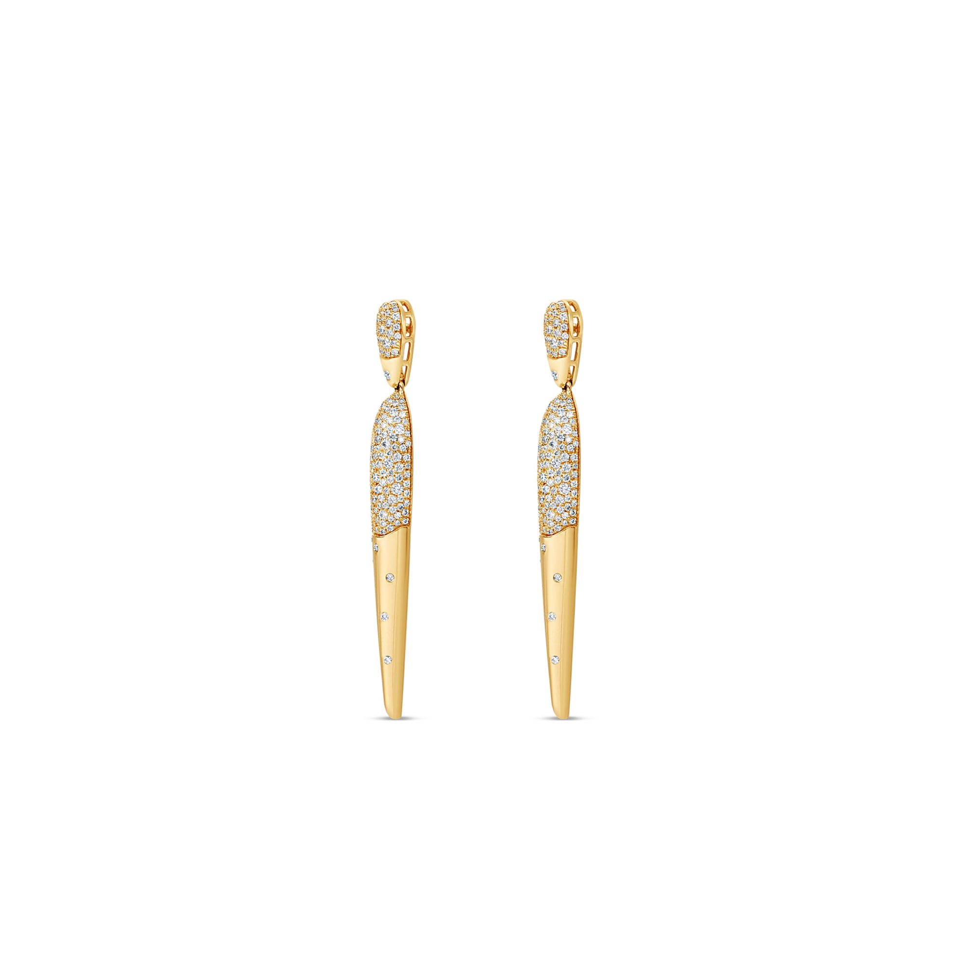 Sleek 14K yellow gold spike dangle earrings featuring shimmering pavé and scattered diamonds, offering a bold yet sophisticated accessory with an elegant edge.