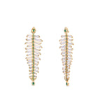 One-of-a-kind 14K yellow gold feather earrings featuring clear rock quartz, emeralds, and sparkling diamonds, designed for versatility—wear them as statement dangle earrings or transform the detachable feathers into a unique bracelet complemented by emerald stud earrings. Shown as earrings. 