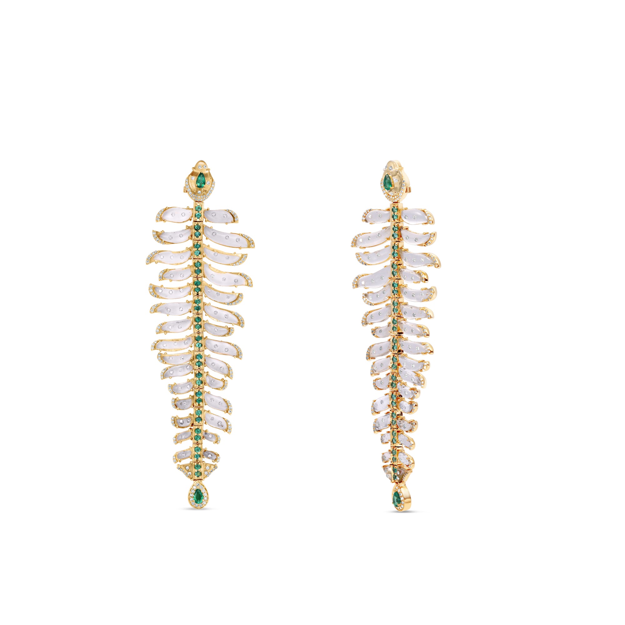 One-of-a-kind 14K yellow gold feather earrings featuring clear rock quartz, emeralds, and sparkling diamonds, designed for versatility—wear them as statement dangle earrings or transform the detachable feathers into a unique bracelet complemented by emerald stud earrings. Shown as earrings. 