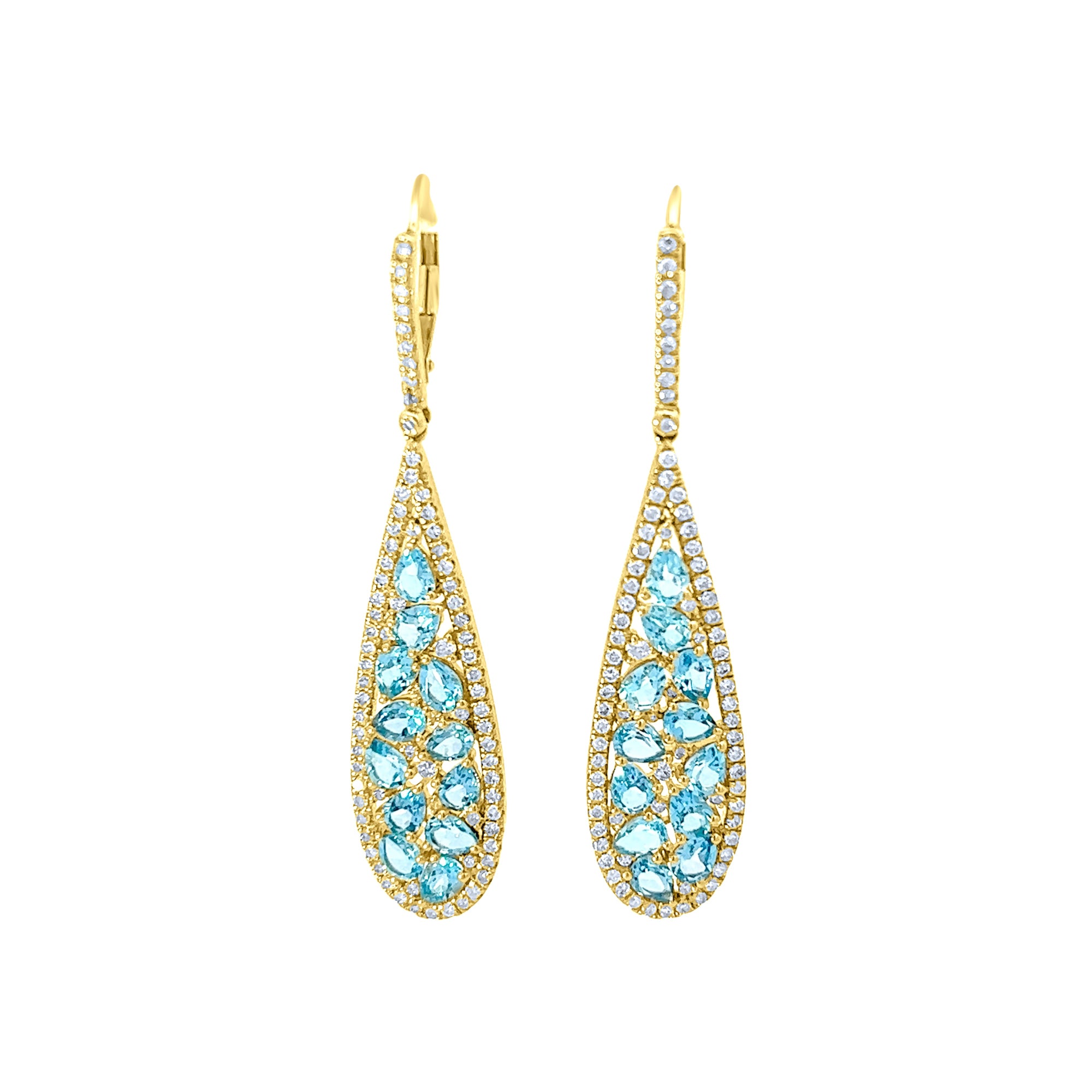 Aquamarine and diamond teardrop earrings in 14k yellow gold by Elyzian Fine Jewelry