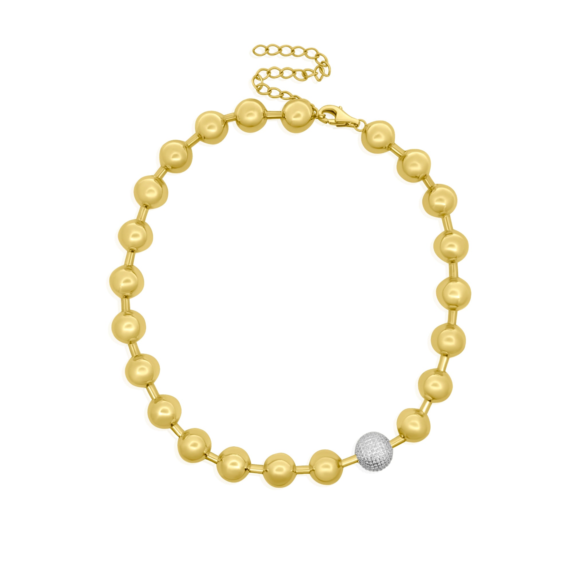 Bold gold round bead choker with pave diamond accent in 14k yellow gold, adjustable necklace by Elyzian Fine Jewelry