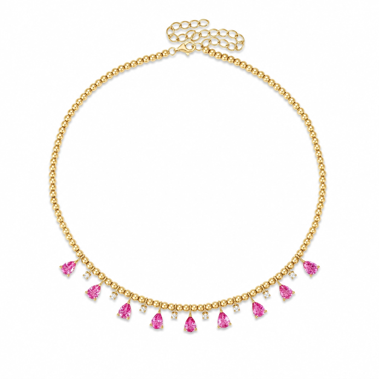 A gold chain necklace with a delicate beaded collar design and dangling pink teardrop-shaped gemstones, shown on a plain white background.