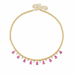 A gold chain necklace with a delicate beaded collar design and dangling pink teardrop-shaped gemstones, shown on a plain white background.
